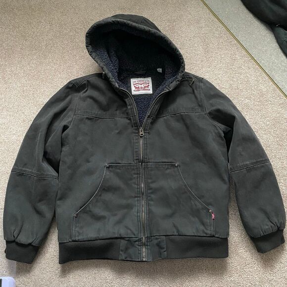 Men's Levi's Cotton Workwear Sherpa-Lined Hooded Bomber Jacket Coat Olive Large - Picture 1 of 12
